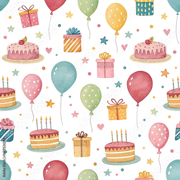 Fototapeta Colorful seamless pattern with birthday party elements like balloons, cakes, and presents on white background.
