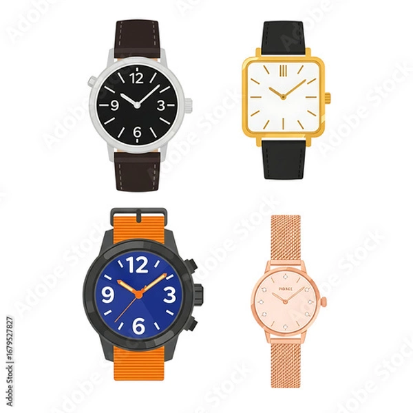 Fototapeta Collection of four different wristwatches isolated on transparent background