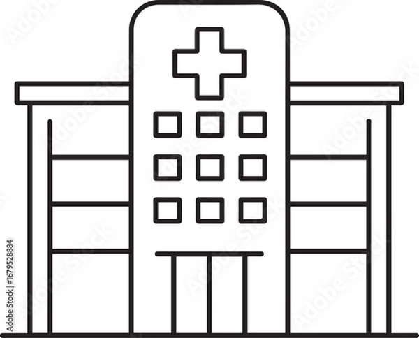 Fototapeta Hospital Building Thin Line Vector Icon – Minimal Black and White Medical Symbol

