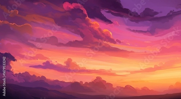 Fototapeta Vibrant Sunset Sky Painting with Colorful Clouds and Horizon.