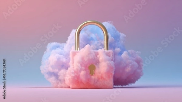Obraz Cloud security padlock in cloud shape, soft gradients, clean minimal tech motif 