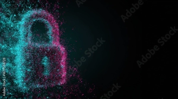 Obraz Data privacy lock icon made of particles, dark backdrop, teal and magenta rim lights, tech poster style 