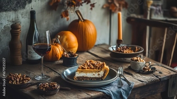 Fototapeta Rustic Autumn Table Setting with Pumpkin Dessert and Wine