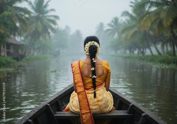 Obraz Onam photo of a woman in a traditional yellow saree and jasmine flowers in her hair sits in a boat on a misty backwater canal in kerala, india, surrounded by palm trees