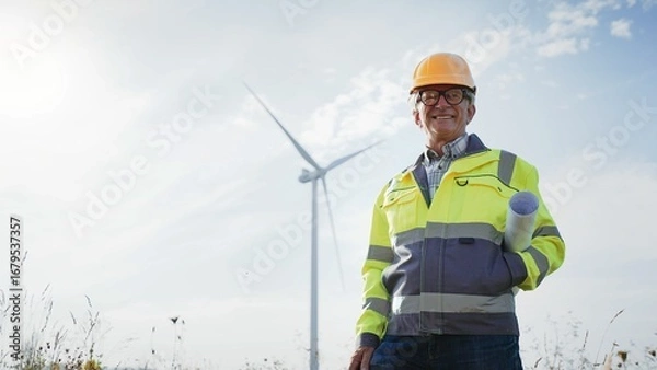 Fototapeta Camera view from below of experienced engineer standing in open field. Man wearing high-visibility vest and orange helmet. Holding building plan rolled into tube. Wind turbine in background.