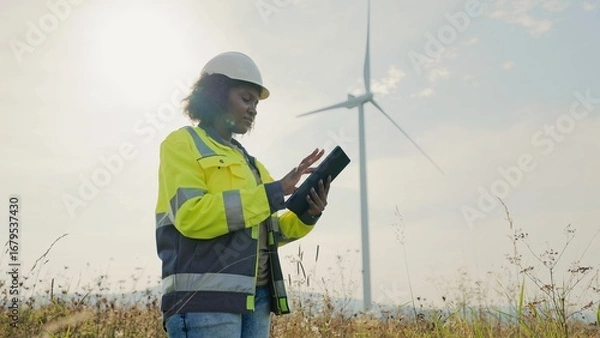 Fototapeta Charming African American woman completing inspection of working wind turbines. Checking quality of materials or production outcome. Recording data on tablet device. Blue sky in background.