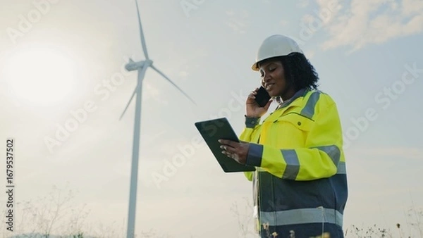 Fototapeta Focused African American woman talking with someone on smartphone while looking at tablet device. Remote communication concept. Power plant worker in protective equipment completing maintenance check.