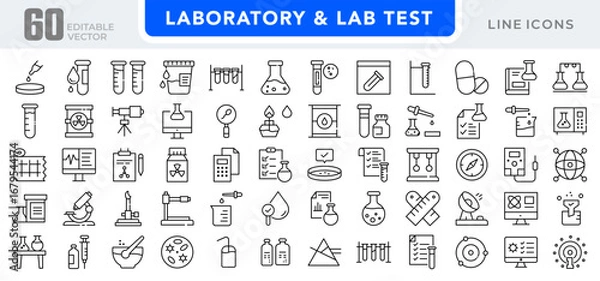 Fototapeta Laboratory and lab test linear icon set. Science, research, analysis, microscope, test tubes, chemistry, biology, experiments, medical, diagnostics, vector outline icon set. UI thin line icon pack
