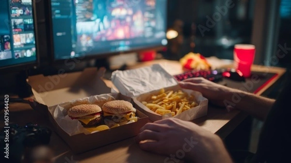 Fototapeta Person Unboxing Takeout Burgers and Fries at Desk While Gaming and Enjoying Late Night Snack Experience