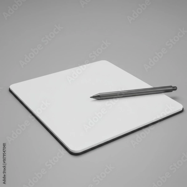 Fototapeta Elevated View of White Paper and Gray Pen on a Neutral Gray Surface