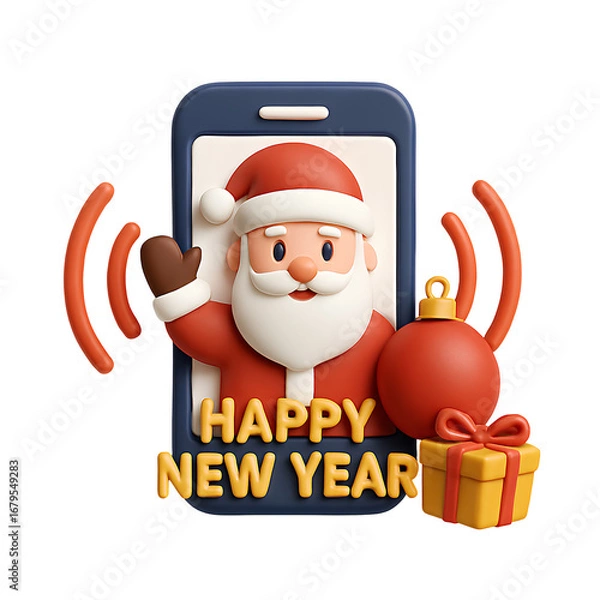 Fototapeta Santa Claus Waving from Smartphone – 3D New Year Greeting with Gift Box and Ornament PNG file AI Generative