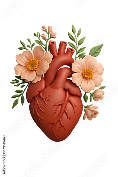 Fototapeta Anatomical Heart with Blooming Flowers – Symbolic Floral Illustration of Life and Emotion PNG file AI Generative