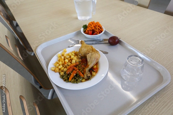 Fototapeta Un plateau repas sur une table dans une cantine scolaire