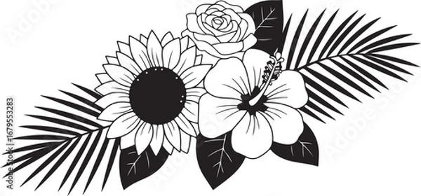 Fototapeta A Beautiful Tropical Floral Arrangement: A Hand-Drawn Illustration Featuring a Sunflower, Rose, Hibiscus, and Palm Leaves