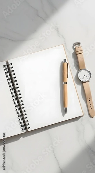 Fototapeta Open Notebook, Pen, and Watch on a Marble Desk