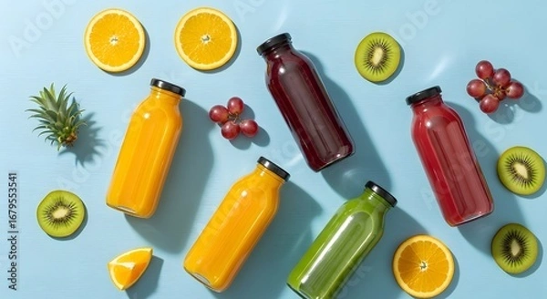 Fototapeta  Colorful Fresh Fruit Juice Bottles with Sliced Fruits