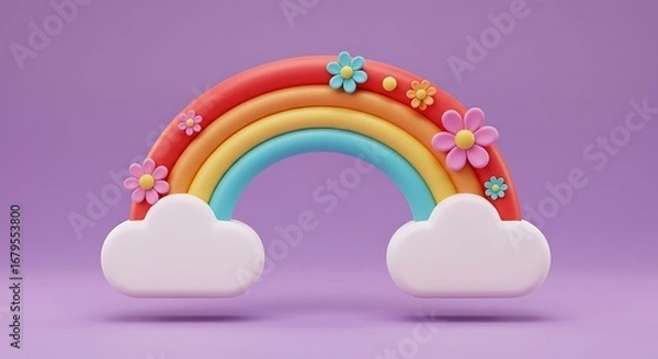 Fototapeta Whimsical 3D Rainbow with Flowers and Clouds on Purple Background