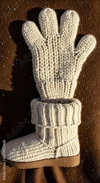 Fototapeta Hand-Knitted Mittens and Boot on a Brown Background