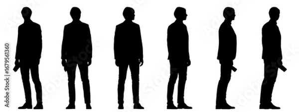 Fototapeta Vector concept conceptual black silhouette of a men standing holding a paper in hand from different perspectives isolated on white. A metaphor for business, leisure, social life and  lifestyle