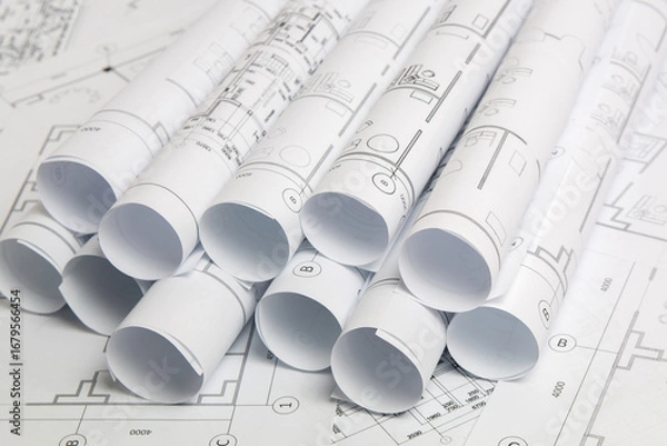 Obraz Paper architectural drawings and blueprint. Engineering blueprint