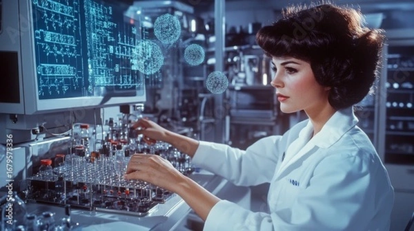 Fototapeta STEM in Action.  A female scientist in a white lab coat working with high-tech equipment in a clean, bright laboratory