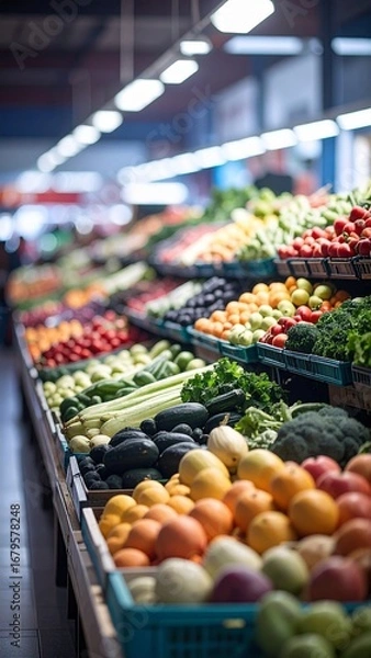 Fototapeta Colorful arrangement of fresh fruits and vegetables in a market display
