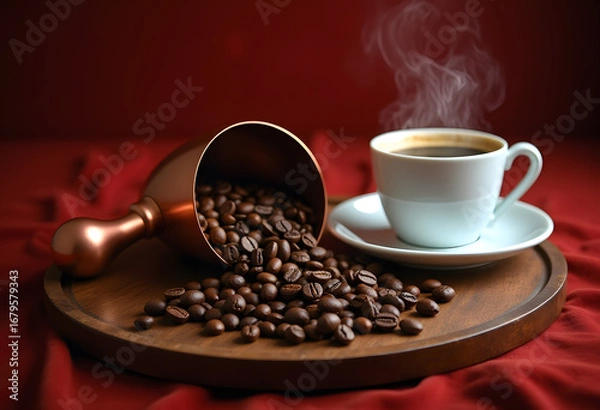 Fototapeta 
Freshly Roasted Coffee and  Steaming Cup and Spilled Beans