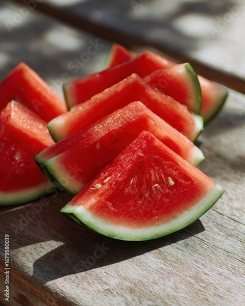 Fototapeta Freshly cut watermelon slices arranged neatly on a picnic table