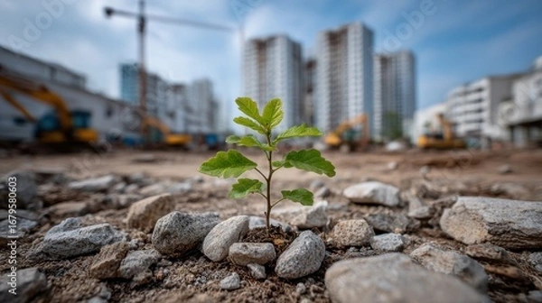 Fototapeta Small plant emerges from rocky soil at construction site, symbolizing resilience in urban development