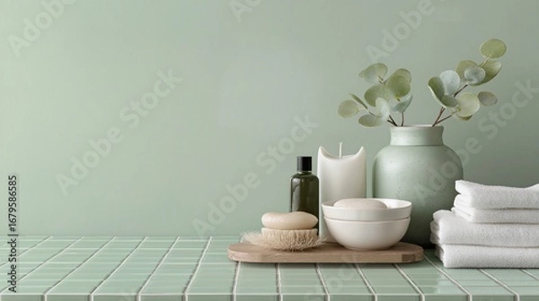 Fototapeta Tranquil Spa Essentials on Elegant Green Surface