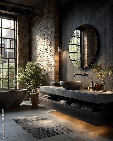 Fototapeta Dark oak bathroom vanity with a white sink dark wood wall and a round mirror in a modern wabisabi style Warm lighting and a floortoceiling window on the left