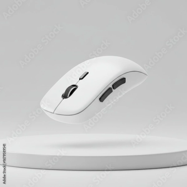 Fototapeta Floating White Wireless Mouse on a Pedestal Against Light Gray Background