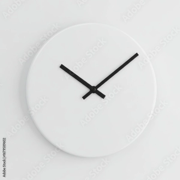 Fototapeta Minimalist White Clock with Black Hands on White Wall Background