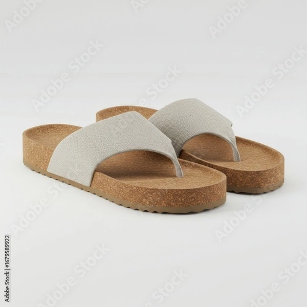 Fototapeta Pair of Stylish Silver Glitter Thong Sandals on a White Background with Cork Soles