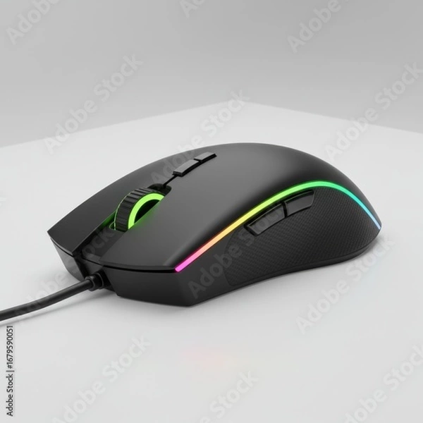 Fototapeta Black Corded Computer Gaming Mouse with RGB Lighting on a White Background