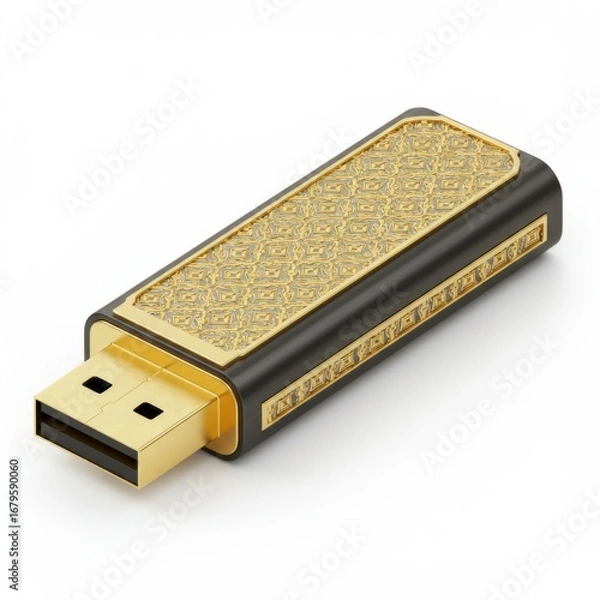Fototapeta Gold Patterned Usb Drive on a White Surface Close Up Studio Shot