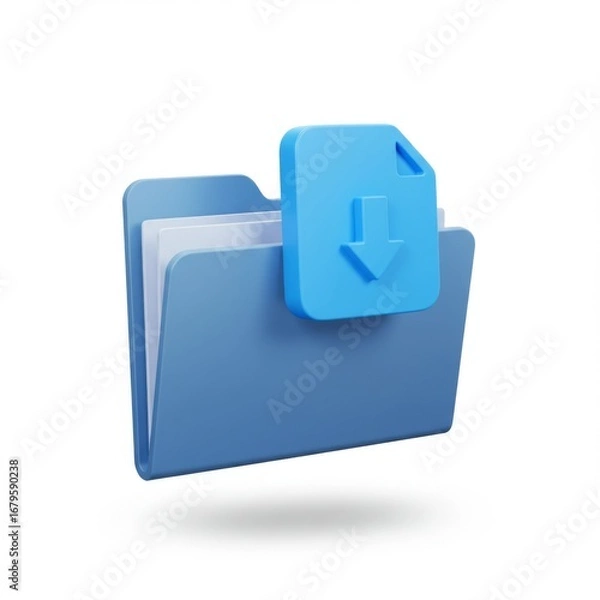 Fototapeta Blue Download Folder Icon with Arrow on File Illustration on White Background