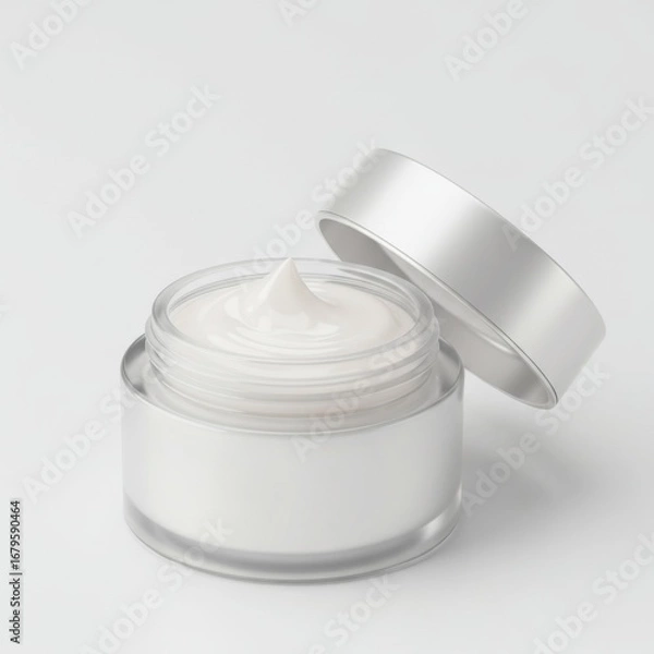 Fototapeta Elegant Cream Jar on White Table With Silver Lid Open For Cosmetic Advertisement