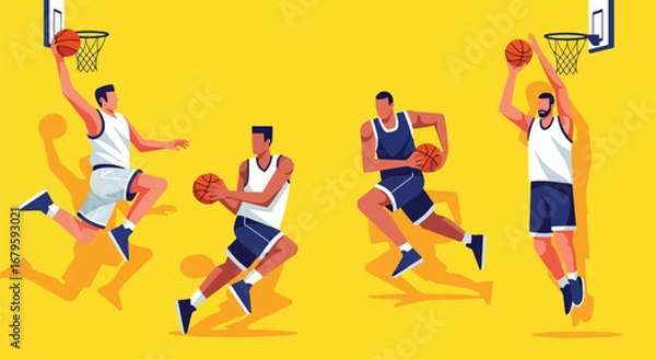 Fototapeta Set of basketball players in action dribbling, passing, and shooting, representing teamwork, competition, athletic skill, and dynamic performance in sports