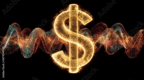 Fototapeta Glowing dollar sign surrounded by vibrant wave patterns symbolizes wealth and financial growth. dynamic colors and light effects create energetic atmosphere, representing flow of money