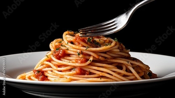 Fototapeta Delicious spaghetti twirling on a fork from a plate