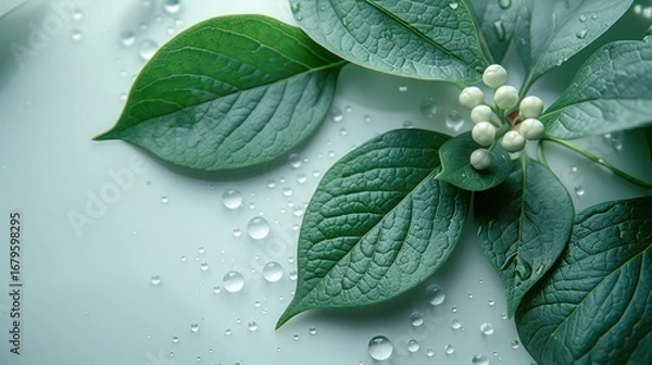 Fototapeta : a few small round leaves artistically placed in the top-left corner on a clean white surface, 