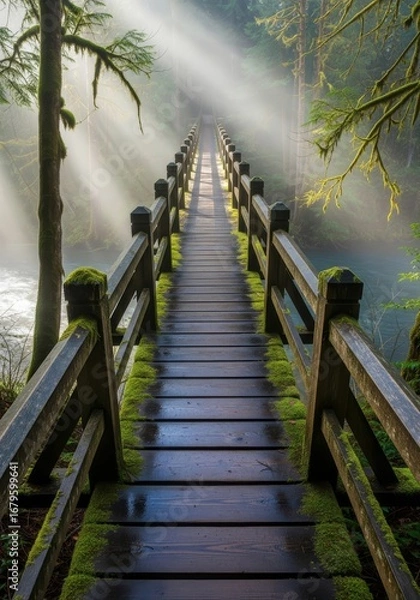 Fototapeta Misty forest bridge surrounded by sunlight beams and greenery near a tranquil river at dawn
