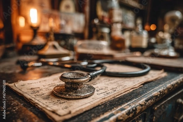 Fototapeta Vintage stethoscope on aged papers in an old doctor's office setting.