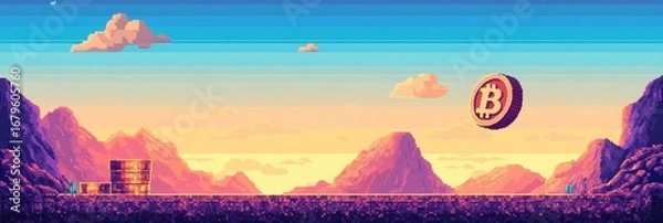 Fototapeta Digital landscape featuring a floating Bitcoin above mountains at sunset, showcasing a vibrant pixel art style in a serene atmosphere