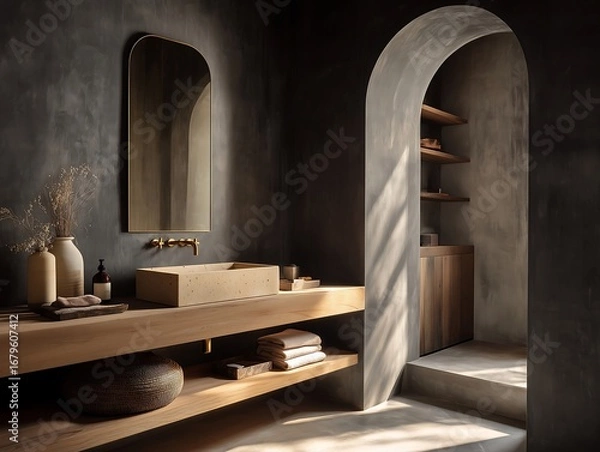 Fototapeta Editorial interior of a dark luxury powder room with deep charcoal Venetian plaster walls a light oak floating vanity with integrated rectangular limestone si
