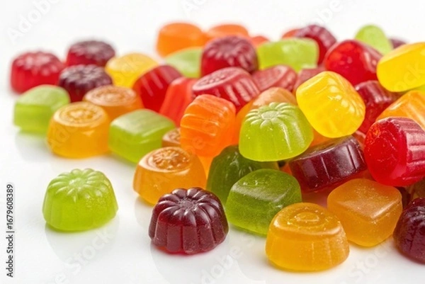 Fototapeta A row of colorful jelly beans are arranged in a rainbow pattern