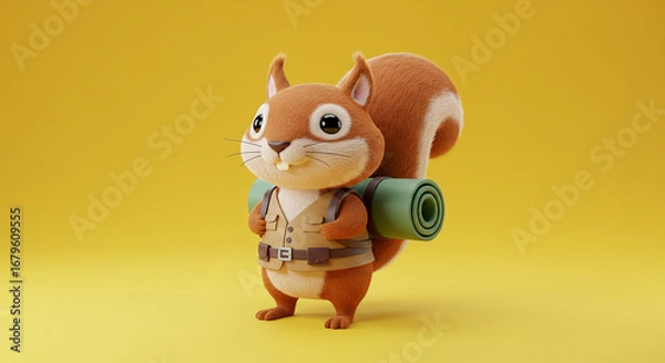 Obraz "Adorable Cartoon Squirrel Explorer with Backpack on Yellow Background"