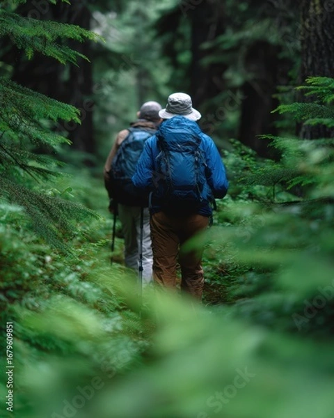 Fototapeta Couple hiking through a lush forest trail with backpacks and walking sticks