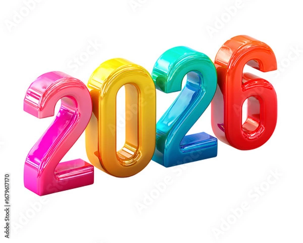 Obraz 2026 in rainbow-colored typography, on a background, 3d rendering